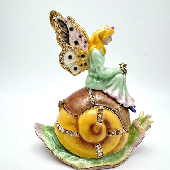 Fairy On Snail Trinket Box Rhinestone Accents Enamel Metal - Picture 6 of 7